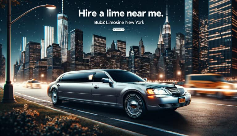 Silver stretch limousine in New York City at night