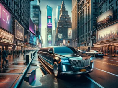 Luxury limousine driving through Times Square at dusk