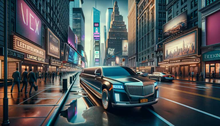 Luxury limousine driving through Times Square at dusk