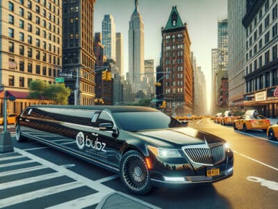 Black stretch limousine driving through New York City.