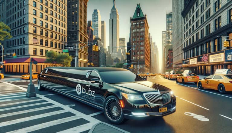 Black stretch limousine driving through New York City.