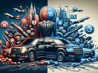 Split red-blue political comparison with SUV and cityscape