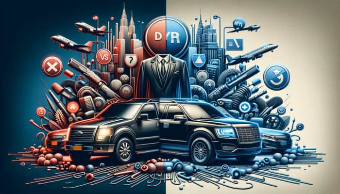 Split red-blue political comparison with SUV and cityscape