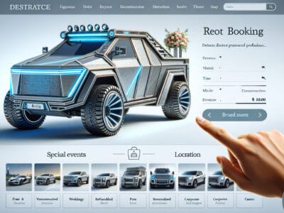 Futuristic armored SUV on car booking website interface