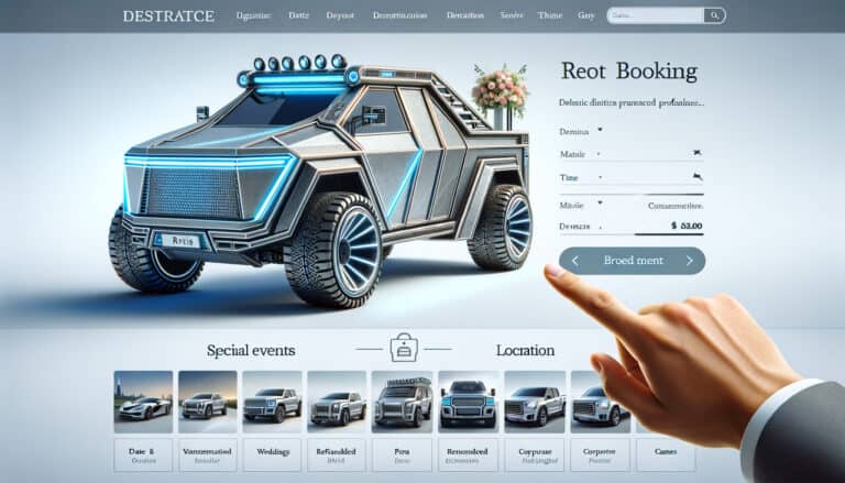 Futuristic armored SUV on car booking website interface