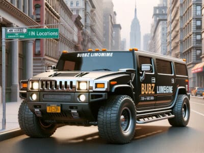Black Hummer limousine on downtown city street