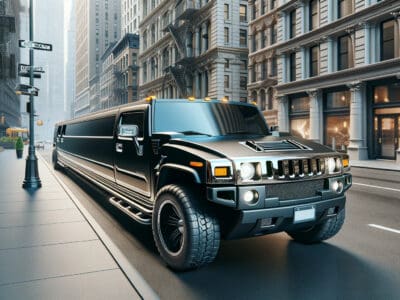 Black stretch Hummer limousine on city street