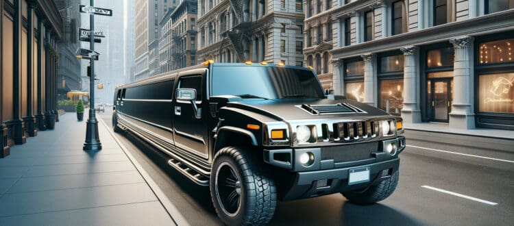 Black stretch Hummer limousine on city street