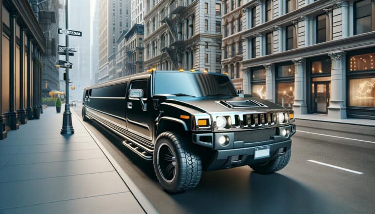Black stretch Hummer limousine on city street
