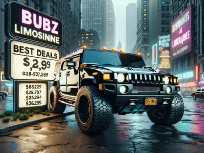 Hummer limousine parked on neon-lit city street