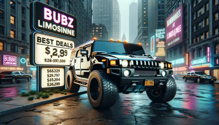 Hummer limousine parked on neon-lit city street