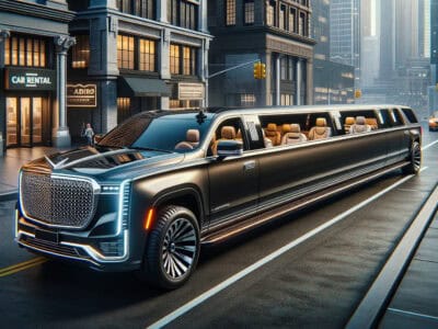 Long black luxury limousine on city street