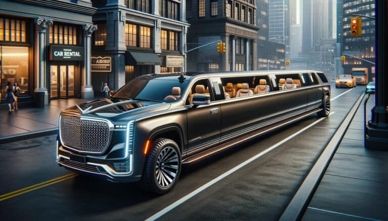 Long black luxury limousine on city street