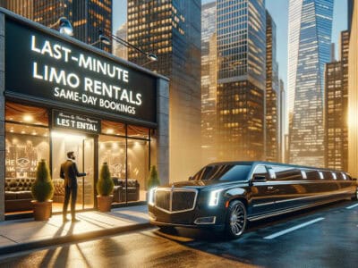 Luxury limousine outside last-minute limo rental storefront.