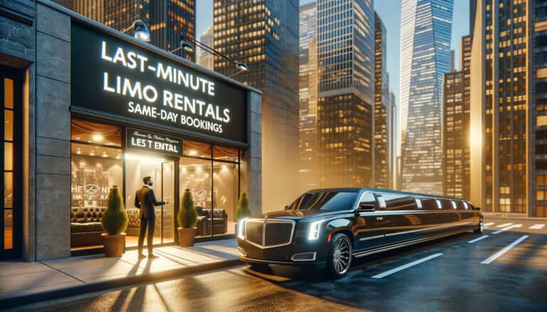 Luxury limousine outside last-minute limo rental storefront.