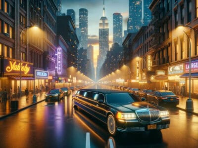 Black limousine on neon-lit city street at dusk