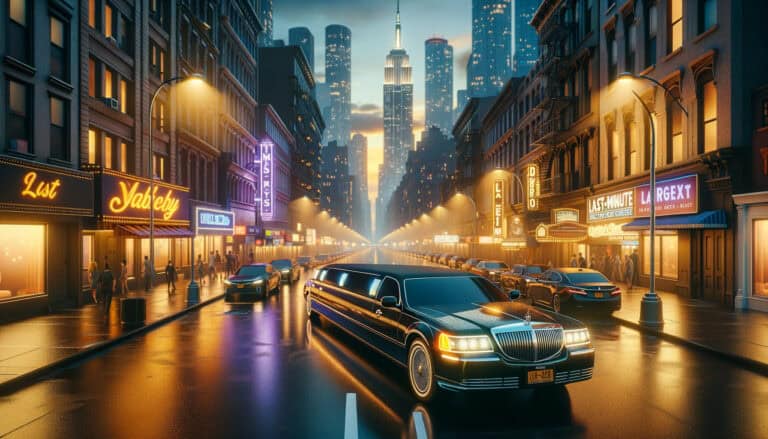 Black limousine on neon-lit city street at dusk