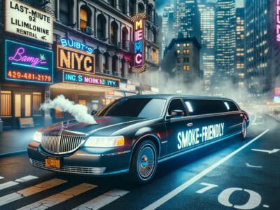 Smoke-friendly limousine driving through neon-lit NYC street