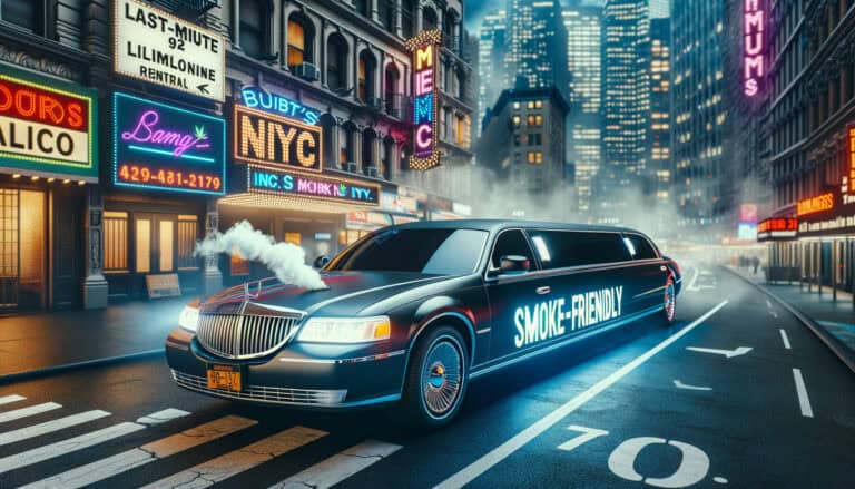 Smoke-friendly limousine driving through neon-lit NYC street
