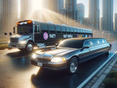 Limousine and party bus driving in city skyline