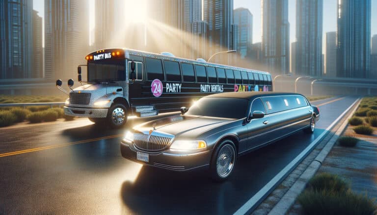 Limousine and party bus driving in city skyline