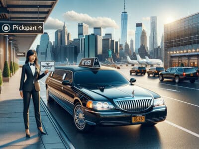 Chauffeur with limousine at airport city skyline