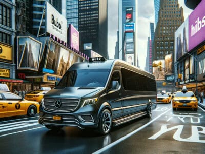 Black Mercedes van driving through Times Square traffic
