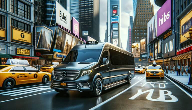 Black Mercedes van driving through Times Square traffic