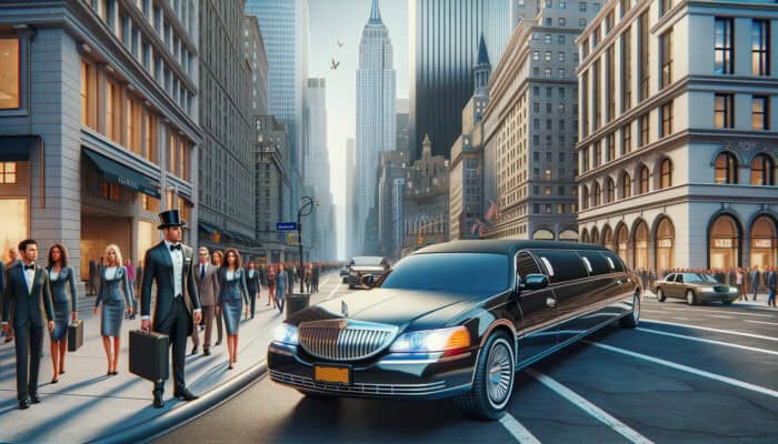 Luxury limousine on busy downtown city street
