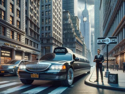 Black limousine parked on busy city street