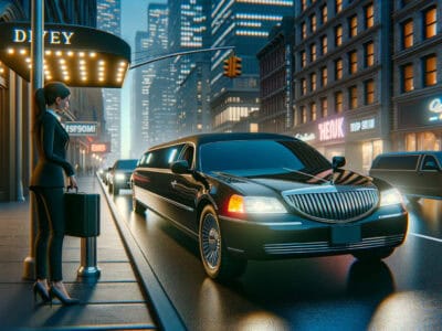 Businesswoman with suitcase waiting for limousine at night