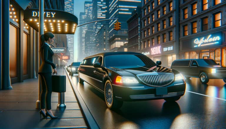 Businesswoman with suitcase waiting for limousine at night