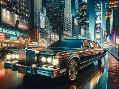 Luxury limousine on neon-lit city street at night