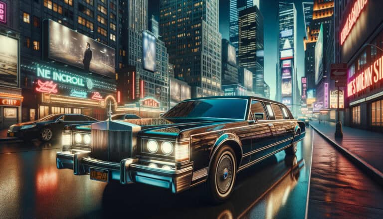 Luxury limousine on neon-lit city street at night