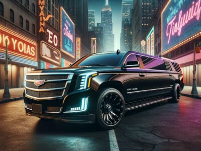 Black Cadillac Escalade limousine on neon city street