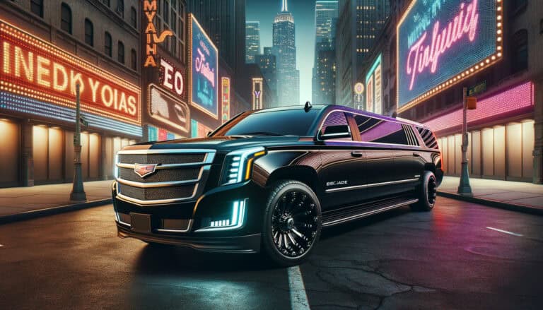 Black Cadillac Escalade limousine on neon city street