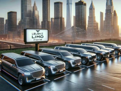 Luxury limousines parked with city skyline at sunset