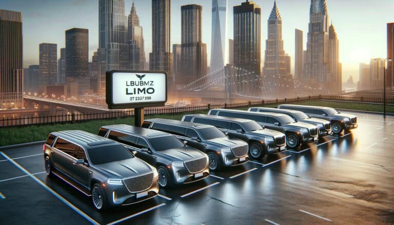 Luxury limousines parked with city skyline at sunset