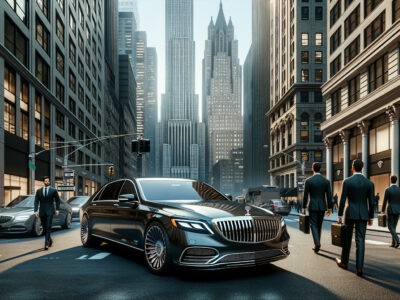 Luxury sedan on downtown street with businesspeople