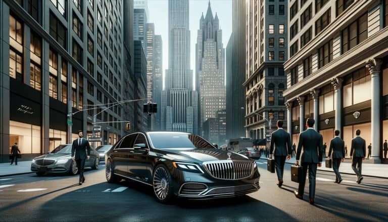 Luxury sedan on downtown street with businesspeople