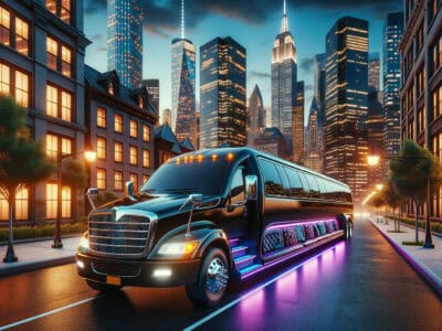 Luxury stretch limousine with neon lights in city