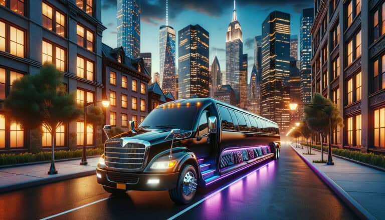 Luxury stretch limousine with neon lights in city