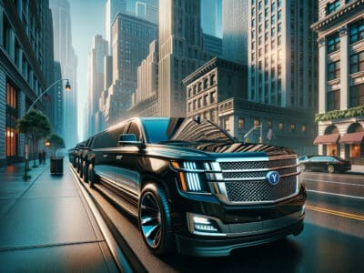 Black stretch SUV limousine on downtown city street