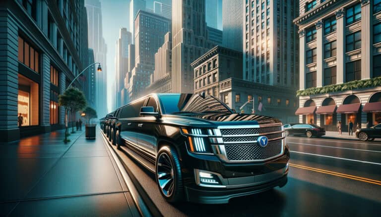 Black stretch SUV limousine on downtown city street