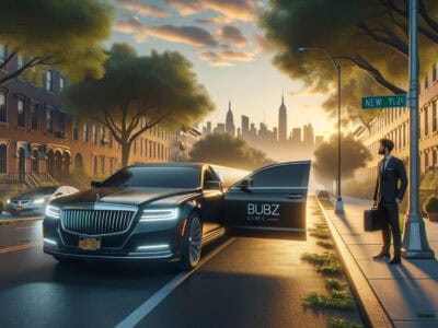 Luxury limousine picking up businessman at sunset city street
