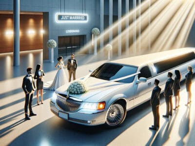 Bride and groom beside white stretch limousine