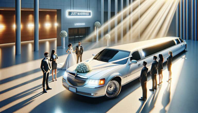 Bride and groom beside white stretch limousine