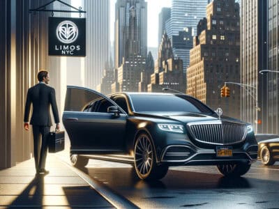 Businessman entering luxury limousine in New York City