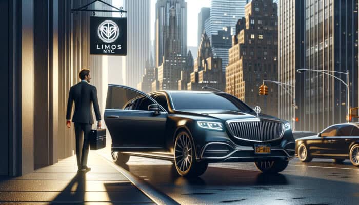 Businessman entering luxury limousine in New York City