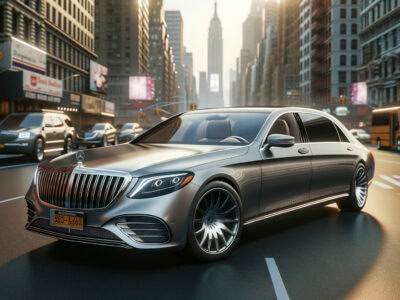 Luxury Mercedes sedan driving through city street